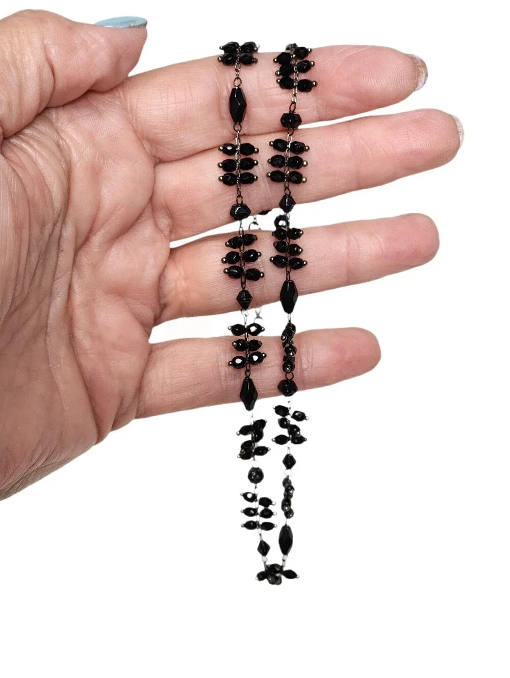 Delicate Faceted Black Beaded Gunmetal Chain Necklace